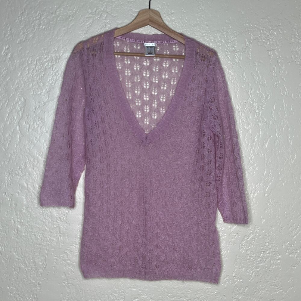 Old Navy Women's Y2K Purple Open Knit Deep V-Neck Lightweight Sweater Size Large